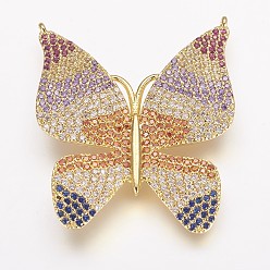 Golden Brass Micro Pave Cubic Zirconia Pendants, Butterfly, Golden, 33x28x3mm, Hole: 1mm
