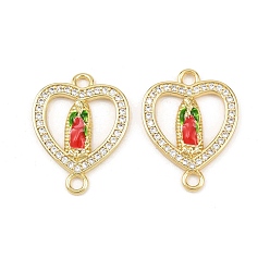 Сердце Подвески-коннекторы с изображением Девы Марии из латуни с микропаве из прозрачных кубических цирконий, с красной и зеленой эмалью, без свинца и без кадмия, долговечный, реальный 18 k позолоченный, стойки покрытие, сердце, 23.5x18x3 мм, отверстие : 2.5 мм