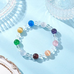 Кошачий Глаз Браслеты из круглых бусин кошачьего глаза и синтетического кварца, красочный, внутренний диаметр: 2-1/4 дюйм (5.7 см)