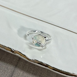 Платина Латунные микро проложить манжеты кольца кубического циркония, плоско-круглые, Эмаль стиле, с пластиковыми бусинами из искусственного жемчуга, платина, размер США 6 1/2 (16.9 мм)