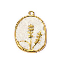 Белый 304 нержавеющей стальной эмали подвески, овальный с подвесками в виде колосьев пшеницы, ионное покрытие (ip), зеркальная полировка, реальный 18 k позолоченный, белые, 21x16 мм, отверстие : 1.5 мм