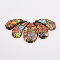 Colorful Assembled Gold Line and Imperial Jasper Beads Strands, Top Drilled Beads, Dyed, Teardrop, Colorful, 48~50x22x8mm, Hole: 2mm, about 5pcs/strand, 4.33 inch