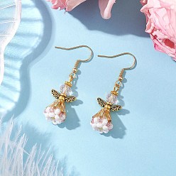 Pink Серьги-подвески из стеклянных бусин ручной работы в виде ангела для женщин, 304 нержавеющей стали серьги крюков, античное золото , розовые, 44x14 мм