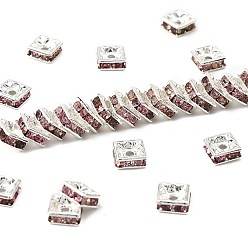 Розовый Латунные бусины разделители для поставки стразов, класс А, квадратный, без никеля , серебряные, светло-розовый, 6x6x3 мм, отверстие : 1 мм