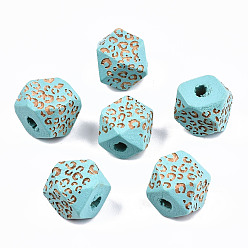 Голубой Расписные бусы из натурального дерева, лазерная гравировка, граненые, многоугольник с леопардовым принтом, голубой, 10x10x10 мм, отверстие : 2 мм