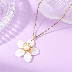 Golden Natural Pearl and Shell Flower Pendant 304 Stainless Steel Cable Chain Necklaces, White, Golden, 17.99 inch(45.7cm)