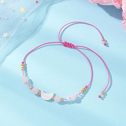 Розовый Кварц Браслеты с подвеской в виде луны из натурального розового кварца и пресноводной раковины, Регулируемые браслеты из нейлонового шнура для женщин и мужчин, со стеклянными бисеринами, внутренний диаметр: 1.06~3.35 дюйм (2.7~8.5 см)