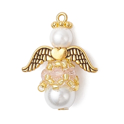 Розовый Подвески из перламутрового стекла и жемчуга, угол, с крылом из сплава и железной петлей, туманная роза, 26x20x10.5 мм, отверстие : 1 мм