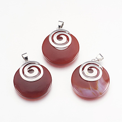 Красный Агат Природные сердолик подвески, с латунной фурнитурой платинового цвета, плоско-круглые, окрашенная и подогревом, 32x28x6 мм, отверстие : 4x5 мм