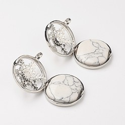 Howlite Synthetic Howlite Pendants, with Brass Diffuser Locket Findings, Flat Round with Snowflake, 31x26x8mm, Hole: 4mm