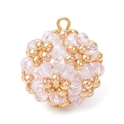 Розовый Подвески из гальванического стекла, круглых рокайль и стеклянных бусин-жемчужин, круглые, туманная роза, 23.5x21 мм, отверстие : 2 мм