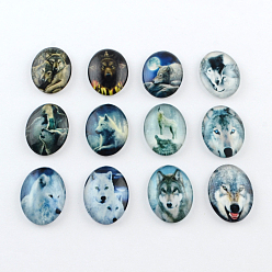 Mixed Color Wolf Pattern Glass Oval Flatback Cabochons for DIY Projects, Mixed Color, 25x18x5mm