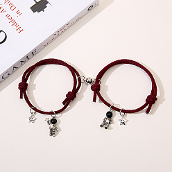 Черный 2шт. магнитные браслеты с подвесками в виде космонавта из сплава и пластика, регулируемые браслеты из хлопкового шнура для пар друзей, античное серебро, чёрные, 2-3/8 дюйм (6 см)