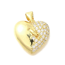Настоящее золото 18K Латунные микропаве прозрачные подвески с фианитом, сердце прелести, реальный 18 k позолоченный, 16x16.5x5 мм, отверстие : 4x3 мм