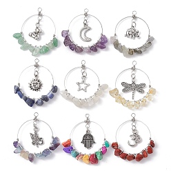Mixed Stone Copper Wire Wrapped Gemstone Chip Pendants, with Alloy Charm, Mixed Shapes, 40x38x6.5mm, Hole: 2.5mm, 9pcs/set.