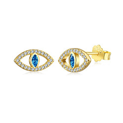 Real 18K Gold Plated 925 Sterling Silver Micro Pave Cubic Zirconia Ear Studs for Women, with S925 Stamp, Eye, Real 18K Gold Plated, 6.5x12.5mm