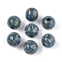 Стально-синий Бусины из дерева схима в богемном стиле с принтом, круглые, стальной синий, 14.2~15x16~16.5 мм, отверстие : 3.7~4.3 мм