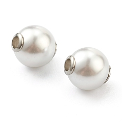 White Plastic Imitation Pearl Beads, with Stainless Steel Color Plated 304 Stainless Steel Cores, Round, White, 16x17mm, Hole: 3.5mm