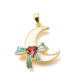 Светло-Вишневый Латунные подвески с микропаве из прозрачного кубического циркония, луна с подвесками-бантиками, с эмалью, реальный 18 k позолоченный, стойки покрытие, без свинца и без кадмия, светло-вишневый, 20x21.5x5 мм, отверстие : 4.5x2.5 мм