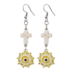 Золотистый Стекло бисер мотаться серьги, с бусинкой лэмпворк от сглаза и 304 крючками для сережек из нержавеющей стали, золотые, 70x19 мм