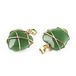 Зеленый Подвески lampwork, Подвески-сердечки, обернутые медной проволокой, золотые, зелёные, 24x21x9 мм, отверстие : 4x6 мм