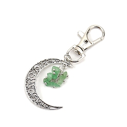 Зеленый Авантюрин Антикварные серебряные подвески из сплава с полой луной, украшения, натуральный зеленый авантюрин и подвеска с поворотной застежкой для украшений сумок, 80x30 мм