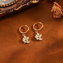 Leaf Brass Micro Pave Clear Cubic Zirconia Dangle Earrings for Women, 304 Stainless Steel Hoop Earrings, Golden, Leaf, 26x12mm