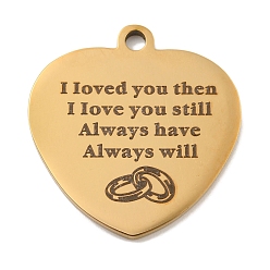 Настоящее золото 18K День святого Валентина вакуумное покрытие PVD 201 подвески из нержавеющей стали, обереги с любовным посланием, сердце со словами-подвесками, реальный 18 k позолоченный, 30.5x29x2 мм, отверстие : 3 мм