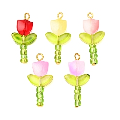 Золотой 5 шт. 5 цветные прозрачные подвески-лэмпворк, тюльпан очарование, с железной петлей, золотые, 28.5~29.5x14x5.5 мм, отверстие : 1.5 мм, 1 шт / цвет