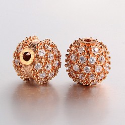 Розовое Золото Латунные микро проложить кубический цирконий круглых бусин, прозрачные, розовое золото , 12 мм, отверстие : 2 мм