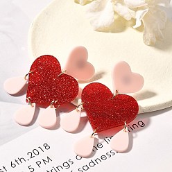 Красный 304 из нержавеющей стали болтаться серьги, с акриловой, сердце, золотые, красные, 65.5x36 мм