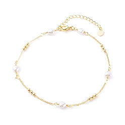 Golden Brass Curb Chain Anklets, with Heart Glass Beads, Golden, 9-7/8 inch(25cm)