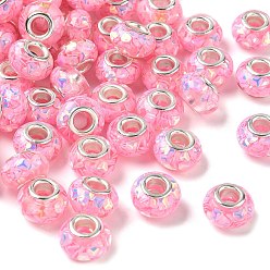 Бледно-Розовый Прозрачные европейские бусины-рондель из смолы, с треугольными пайетками и латунными сердечниками платинового тона, бусины с большим отверстием, розовый жемчуг, 14x8.5 мм, отверстие : 5 мм