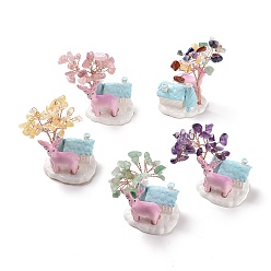 Смешанные камни Украшение дисплея дерева из натурального драгоценного камня, Дом из смолы с рождественским оленьим орнаментом фэн-шуй для богатства, удача, латунная проволока из розового золота, обернутая, 40~41x44x67 мм