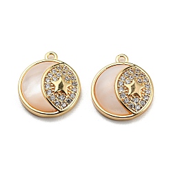 Golden Natural White Shell & Clear Cubic Zirconia & Brass Charms, Flat Round with Moon & Star Pattern, Golden, 14x12x3mm, Hole: 1mm