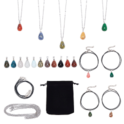 Mixed Stone 40Pcs DIY Gemstone Necklaces Making Kits, Including Teardrop Pendants, Waxed Cotton Cord Necklace Making, 304 Stainless Steel Women Chain Necklaces, Pendant: 21~24x12~14mm, Hole: 2x7mm, 20 colors