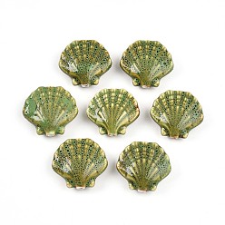 Желто-Зеленый Фарфоровые бусины ручной работы, фантазии античного стекла фарфора, формы раковины, желто-зеленый, 25~27x27~29.5x10.5~12 мм, отверстие : 2 мм