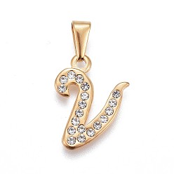 Letter V 304 Stainless Steel Pendants, with Rhinestone, Letter, Letter.V, 21.5x16x2mm, Hole: 3~3.5x7.5~8mm