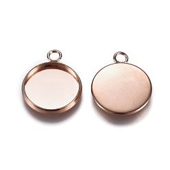 Rose Gold 201 Stainless Steel Pendant Cabochon Settings, Plain Edge Bezel Cups, Flat Round, Rose Gold, Tray: 14mm, 20x16x2mm, Hole: 2.5mm