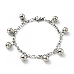 Нержавеющая Сталь Цвет Устойчивый к потускнению 201 браслет с круглыми бусинами из нержавеющей стали с 304 цепочками из нержавеющей стали для женщин, цвет нержавеющей стали, 7-1/4 дюйм (18.5 см)
