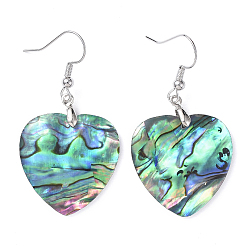 Platinum Abalone Shell/Paua Shell Dangle Earrings, with Brass Ice Pick Pinch Bails and Earring Hooks, Heart, Platinum, 47mm, Pin: 0.7mm