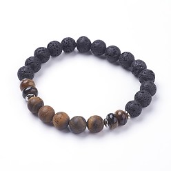 Тигровый глаз Естественно тигровый глаз стрейч браслеты, С латунными плоскими круглыми шариковыми прокладками, 2-3/8 дюйм (60 мм)