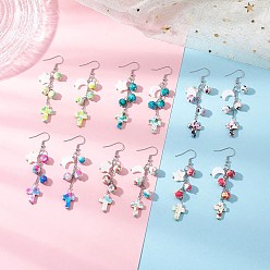 Нержавеющая Сталь Цвет 304 крест из нержавеющей стали с синтетической бирюзой и подвесными серьгами в виде луны и звезды, золотые, цвет нержавеющей стали, 71x16~17 мм, 6 пар / набор