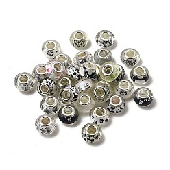 Белый Европейские бусины из прозрачной смолы с печатью, бусины с большим отверстием, рондель с латунными сердечниками, покрытыми серебром, и блестящей пудрой, белые, 14x8.5 мм, отверстие : 5 мм