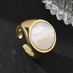 Human Brass & White Shell Cuff Open Rings, Flat Round, Long-Lasting Plated, Rack Plating, Lead Free & Cadmium Free, Real 18K Gold Plated, Virgin Mary, 17.5mm, Inner Diameter: 17mm