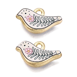 Green Printed Alloy Pendants, Rack Plating, Bird with Flower Charms, Cadmium Free & Nickel Free & Lead Free, Golden, Green, 11x18x4mm, Hole: 1.6mm