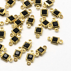 Black Golden Tone Brass Glass Links connectors, Faceted Square, Black, 9.5x5x2.5mm, Hole: 1mm
