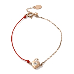 Light Gold Crystal Rhinestone Heart Padlock Link Bracelet with 304 Stainless Steel Chains, Light Gold, 8 inch(20.2cm)