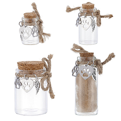 Прозрачный 4 шт. прозрачные стеклянные пустые бутылки с кожаными подвесками в виде сердца с отпечатком лапы из сплава, для хранения шерсти домашних животных, форма бутылки, платина, прозрачные, 3.4~6.5 см, 4 шт / комплект