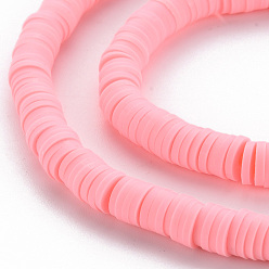 Pink Handmade Polymer Clay Bead Strands, Heishi Beads, Disc/Flat Round, Pink, 6x0.5~1mm, Hole: 2mm, about 320~447pcs/strand, 15.74 inch~16.92 inch